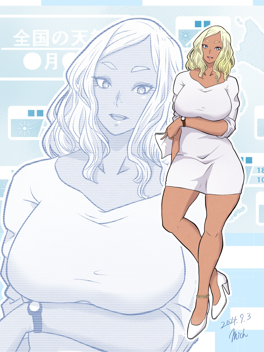 absurdres blonde_hair blue_eyes boku_no_hero_academia breasts character_request dated dress female full_body high_heels highres large_breasts medium_hair mich_kj solo standing watch weathergirl white_dress wristwatch zoom_layer