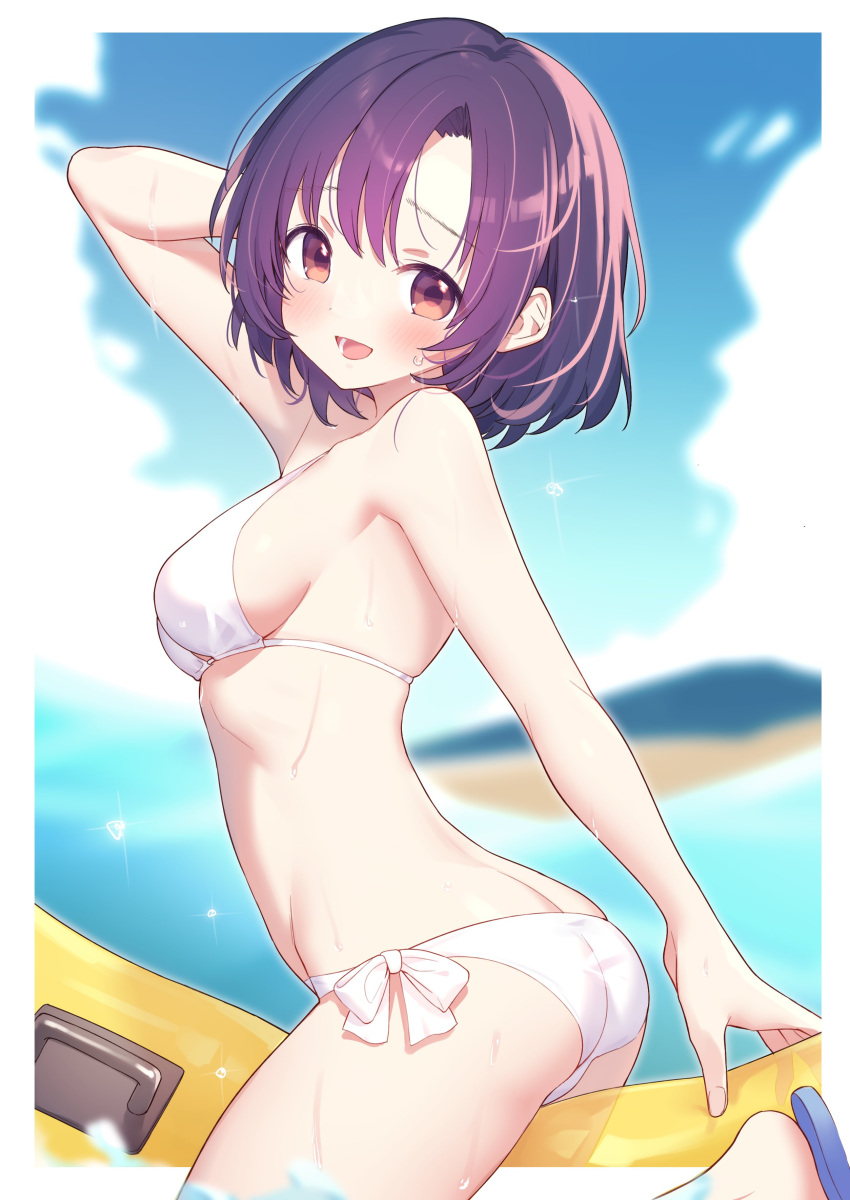 absurdres ass banana_boat bikini blue_sky breasts brown_eyes female highres hiraga_matsuri idolmaster idolmaster_cinderella_girls looking_at_viewer medium_breasts ocean open_mouth outdoors purple_hair shiragiku_hotaru short_hair sky smile solo swimsuit water wet white_bikini