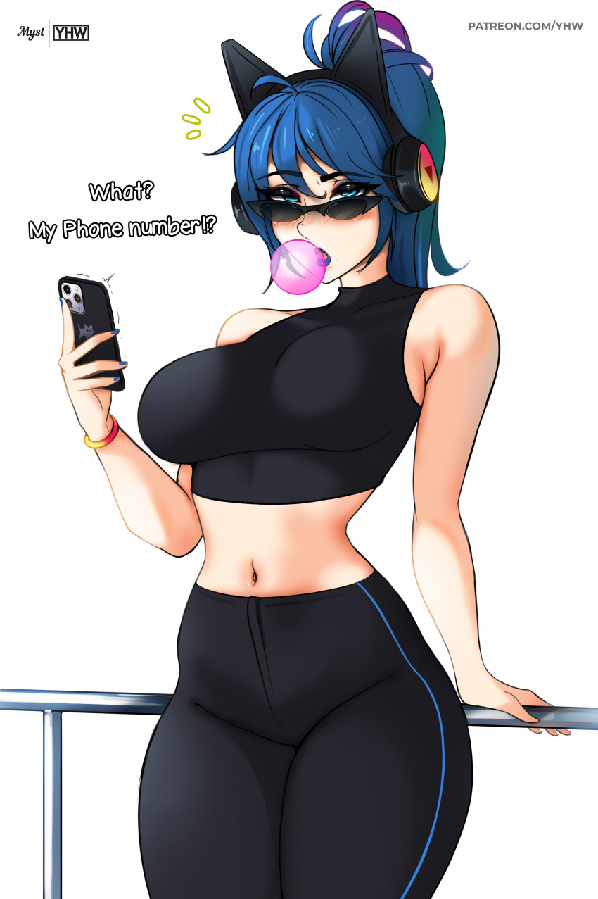 absurdres animal_ear_headphones animal_ears blowing_bubbles blue_eyes blue_hair blue_lips blue_nails bracelet breasts cat_ear_headphones chewing_gum english_text fake_animal_ears female fortnite halterneck headphones highres holding holding_phone hope_(fortnite) jewelry large_breasts midriff multicolored_hair mystyhw navel pants phone short_ponytail sleeveless solo sunglasses tight_clothes tight_pants web_address white_background