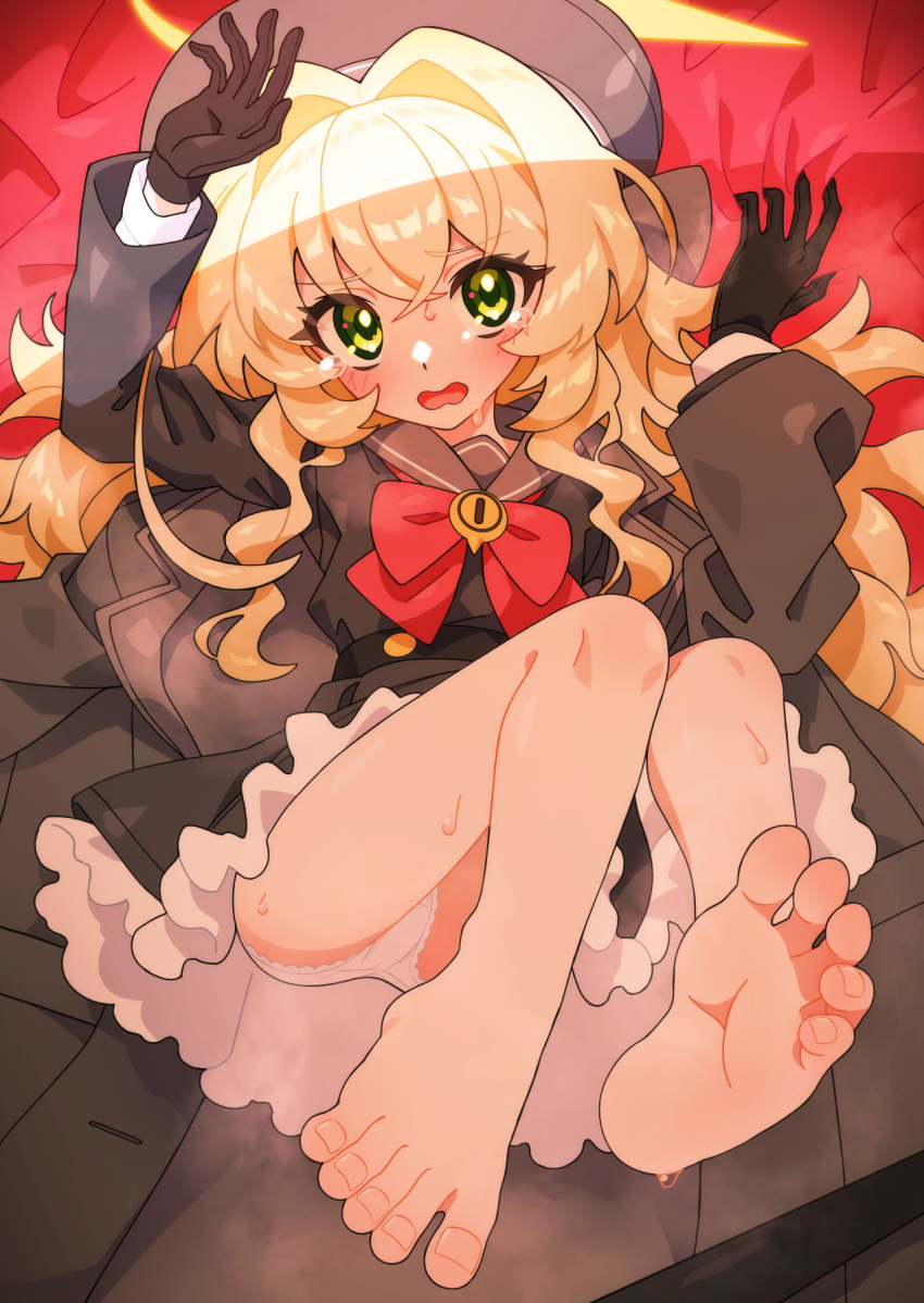 barefoot black_coat black_gloves black_hat black_sailor_collar black_serafuku black_shirt black_skirt blonde_hair blue_archive coat commentary_request crossed_bangs feet female foot_focus frilled_skirt frills frown fuji_tarawi gloves green_eyes hair_intakes hat highres light_blush long_hair long_sleeves looking_at_viewer neck_ribbon no_legwear on_bed open_mouth panties pantyshot professor_niyaniya_(blue_archive) red_ribbon ribbon sailor_collar sailor_shirt school_uniform serafuku sheet_grab shirt skirt smell soles solo steam steaming_body sweat tears toenails toes underwear unworn_coat wavy_hair wavy_mouth white_panties