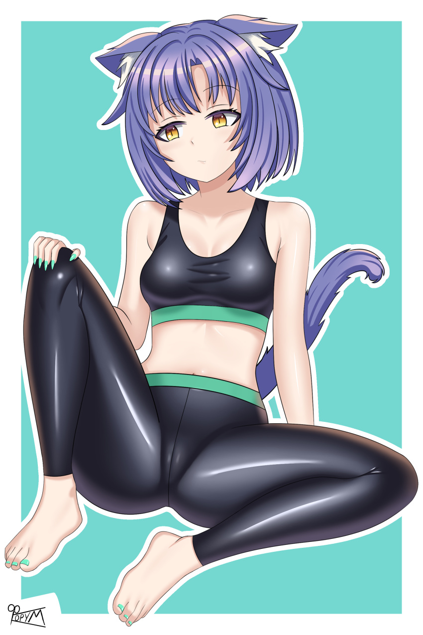 absurdres animal_ear_fluff animal_ears breasts cat_ears cat_girl cat_tail cinnamon_(nekopara) f0rum7v feet female full_body green_background green_nails highres looking_to_the_side nekopara original purple_hair tail workout_clothes yellow_eyes