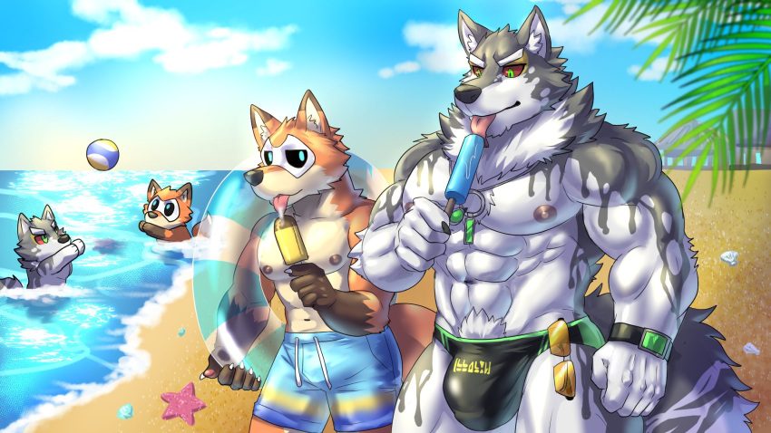 16:9 anthro athletic athletic_male beach body_hair canid canine canis chibi clawed_fingers clothing covered_in_goo dark_sclera duo eyewear food fox green_eyes happy_trail hi_res licking_popsicle lifewonders live_a_hero male mammal mask monomasa muscular muscular_male navel popsicle red_sclera sunglasses swimming_trunks swimwear thong underwear weedwolfeatmeat widescreen wolf