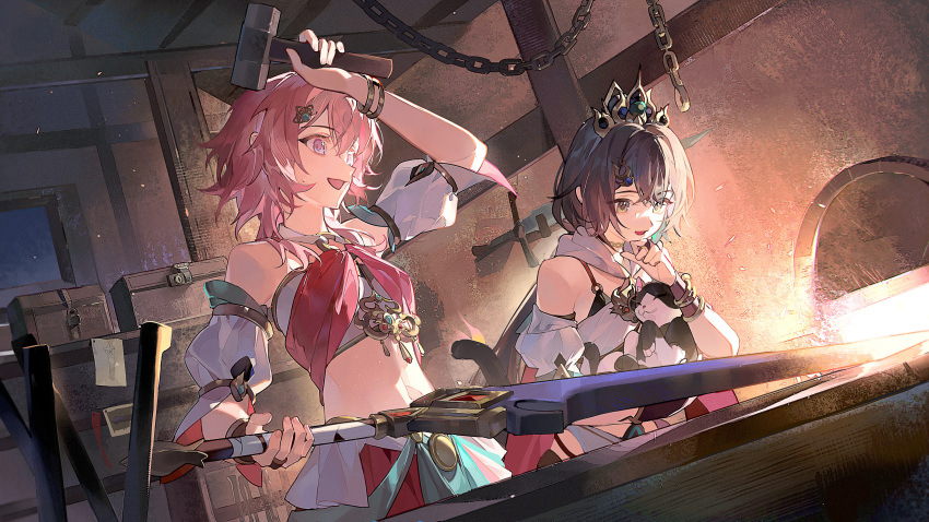 2girls :d absurdres animal arm_up bare_shoulders black_bra black_hair box bra bracelet chains chinese_clothes commentary_request dutch_angle embers feline fire forge grey_eyes hair_between_eyes hammer headpiece highres holding holding_animal holding_cat holding_hammer holding_sword holding_weapon honkai:_star_rail honkai_(series) indoors jewelry lock long_hair march_7th_(honkai:_star_rail) march_7th_(hunt)_(honkai:_star_rail) midriff multiple_girls open_mouth pendant pink_eyes pink_hair red_skirt skirt smile strapless sword tube_top underwear weapon white_sleeves white_tube_top ye_xing_caomei yunli_(honkai:_star_rail)