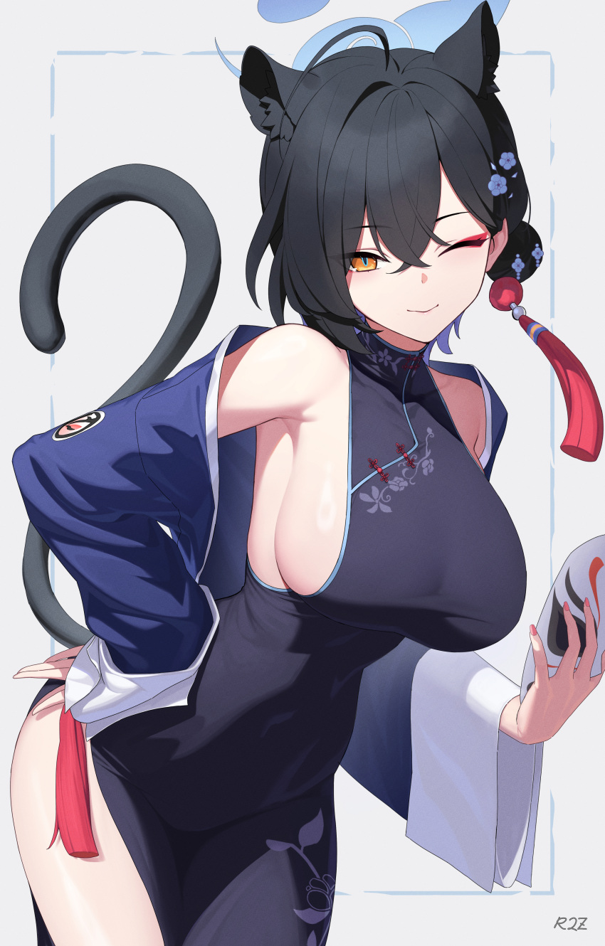 ;) absurdres animal_ear_fluff animal_ears bare_shoulders black_dress black_hair blue_archive blue_jacket breasts china_dress chinese_clothes commentary_request cowboy_shot dhokidoki dress extra_ears eyeshadow female grey_background hair_bun halo highres holding holding_mask jacket kaguya_(blue_archive) large_breasts leaning_forward looking_at_viewer makeup mask off_shoulder one_eye_closed open_clothes open_jacket purple_hair short_hair side_slit sideboob single_hair_bun sleeveless sleeveless_dress smile solo standing tail yellow_eyes