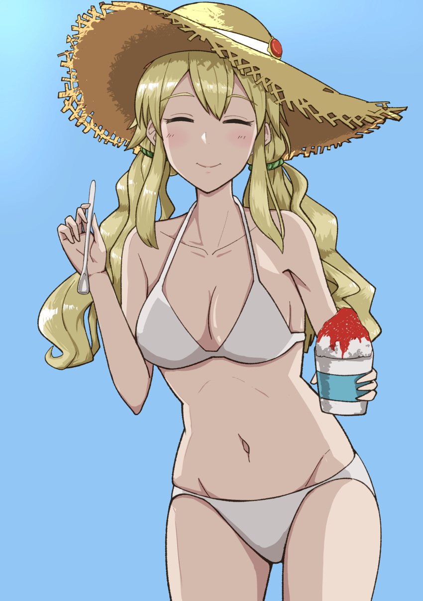 absurdres bikini blonde_hair blue_background breasts brown_hat clarice_(idolmaster) cleavage facing_viewer female food gradient_background hat highres holding holding_spoon idolmaster idolmaster_cinderella_girls long_hair low_twintails medium_breasts mosa_saurus shaved_ice solo spoon straw_hat swimsuit twintails v white_bikini