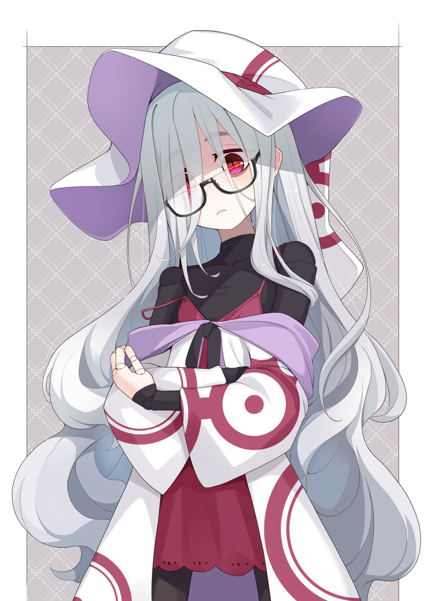 bags_under_eyes black_bodysuit bodysuit closed_mouth covered_collarbone doll_joints dress female glasses grey_background grey_hair hair_over_one_eye hat highres joints long_hair long_sleeves looking_down melc_(ogami_kazuki) off_shoulder ogami_kazuki original purple_dress purple_eyes robe sleeves_past_wrists solo standing strap_slip very_long_hair white_hat white_robe witch_hat