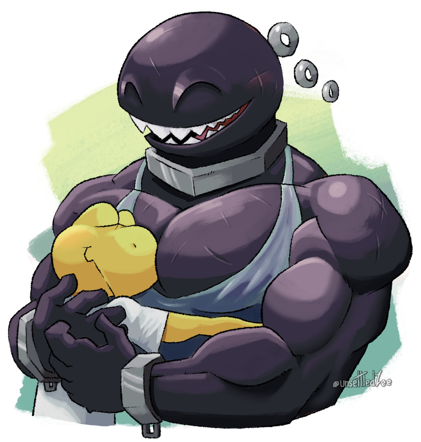 absurd_res animal_humanoid anthro chain_chomp chains clothed clothing collar cuff_(restraint) duo fangs hi_res hug humanoid koopa koopa_humanoid koopa_troopa male male/male mario_bros muscular nintendo reptile reptile_humanoid restraints scalie scalie_humanoid shackles shirt smile smiley_face tank_top teeth topwear turtle turtle_humanoid unsettled_(artist)