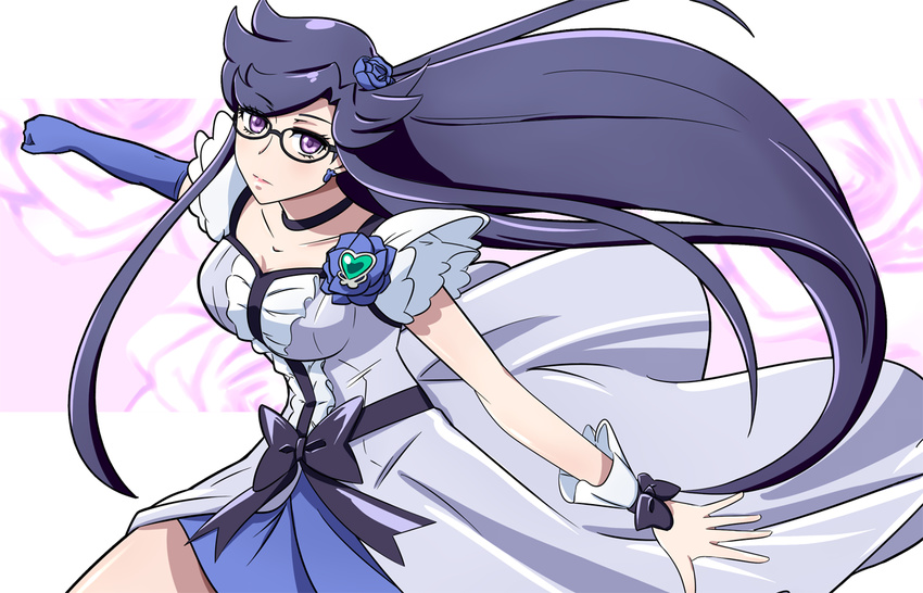 bad_id bad_pixiv_id black-framed_eyewear black_bow blue_flower blue_rose bow brooch choker color_connection cosplay cure_moonlight cure_moonlight_(cosplay) davi_(dokidoki!_precure) db_(dokidoki!_precure) dokidoki!_precure elbow_gloves expressionless female flower glasses gloves gudon_(iukhzl) hair_flower hair_ornament heart heart_brooch heartcatch_precure! in-franchise_crossover jewelry long_hair magical_girl precure purple_eyes purple_hair rose single_elbow_glove solo very_long_hair waist_bow wrist_cuffs