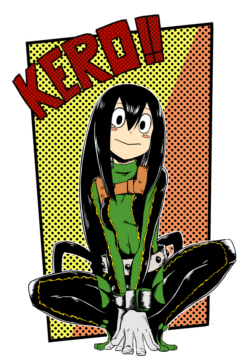 :> asui_tsuyu belt black_eyes black_hair bodysuit boku_no_hero_academia commentary_request female frog_girl gloves green_bodysuit hair_rings hatsuka highres long_hair looking_at_viewer low-tied_long_hair outline solo squatting white_gloves