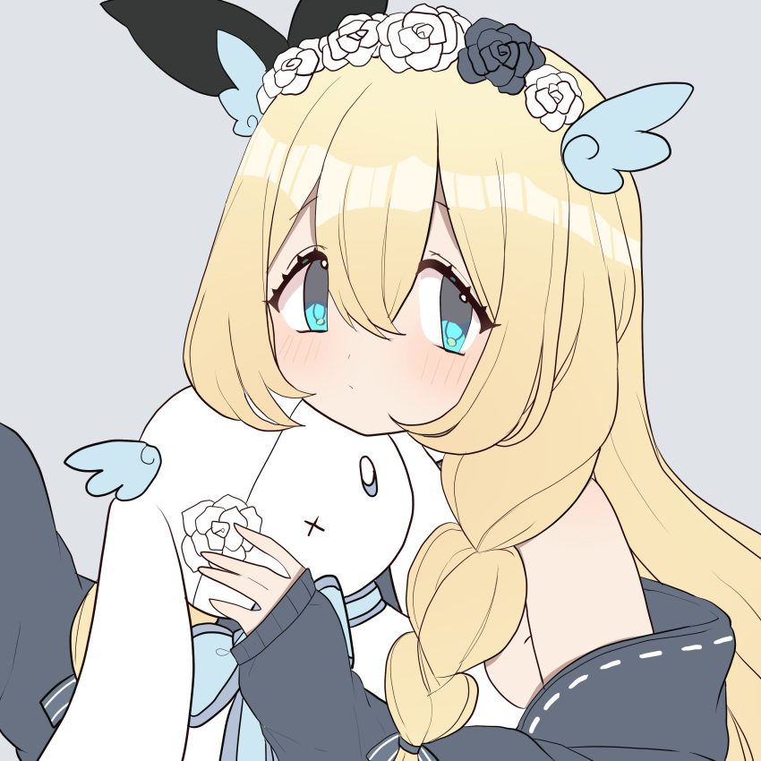 absurdres bad_id bad_twitter_id blonde_hair blue_eyes blush davanchi female flower hair_flower hair_ornament head_wreath highres long_sleeves looking_to_the_side pale_skin plushcharm rabbit solo stuffed_animal stuffed_toy vdonburi virtual_youtuber