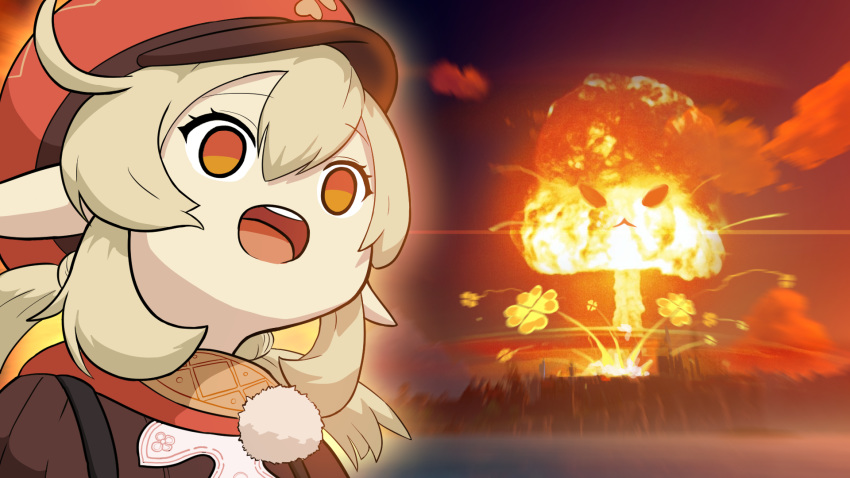 ahoge blonde_hair cabbie_hat commentary_request empty_eyes explosion female genshin_impact greenlegacy hat highres klee_(genshin_impact) korean_commentary open_mouth pointy_ears red_eyes smile solo