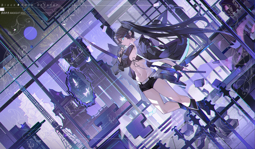 absurdres ahoge aqua_eyes belt black_bra black_gloves black_hair black_jacket black_rock_shooter black_rock_shooter_(character) black_shorts black_socks bra breasts bug butterfly chinese_commentary commentary copyright_name dutch_angle female fingerless_gloves full_body gloves hand_up high_heels highres holding holding_sword holding_weapon jacket jacket_on_shoulders krao long_hair looking_at_viewer navel open_clothes open_jacket short_shorts shorts small_breasts socks solo standing sword twintails underwear very_long_hair weapon white_belt white_butterfly