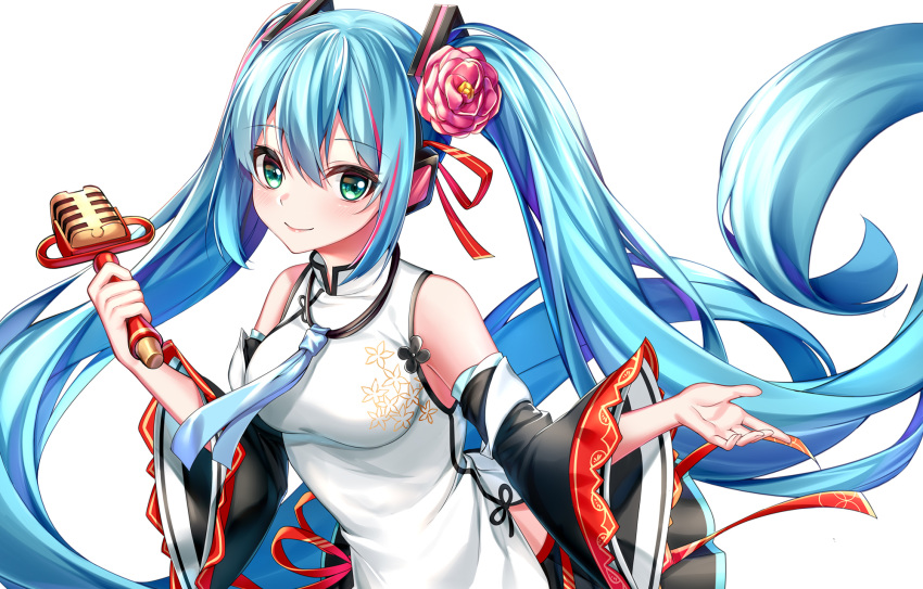 black_skirt black_sleeves blue_hair blue_neckwear blush breasts china_dress chinese_clothes closed_mouth commentary detached_sleeves dress female flower green_eyes hair_between_eyes hair_flower hair_ornament hair_ribbon hatsune_miku hatsune_miku_expo headphones highres holding holding_microphone long_hair long_sleeves lucky_orb_(vocaloid) medium_breasts microphone pink_flower pleated_skirt red_ribbon ribbon rukinya_(nyanko_mogumogu) sidelocks simple_background skirt sleeveless sleeveless_dress smile solo twintails very_long_hair vocaloid white_background white_dress wide_sleeves