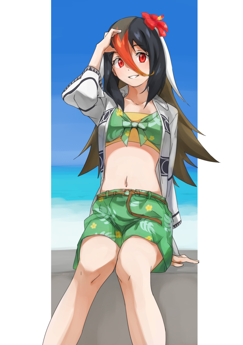 absurdres bikini bikini_top_only black_hair commentary female flower hair_between_eyes hair_flower hair_ornament hand_in_own_hair highres kemono_friends kemono_friends_3 long_hair long_sleeves male_swimwear midriff multicolored_hair navel official_alternate_costume okinawa_rail_(kemono_friends) open_clothes open_shirt red_eyes red_hair shirt sitting smile solo swim_trunks swimsuit tanabe_(fueisei) white_hair white_shirt