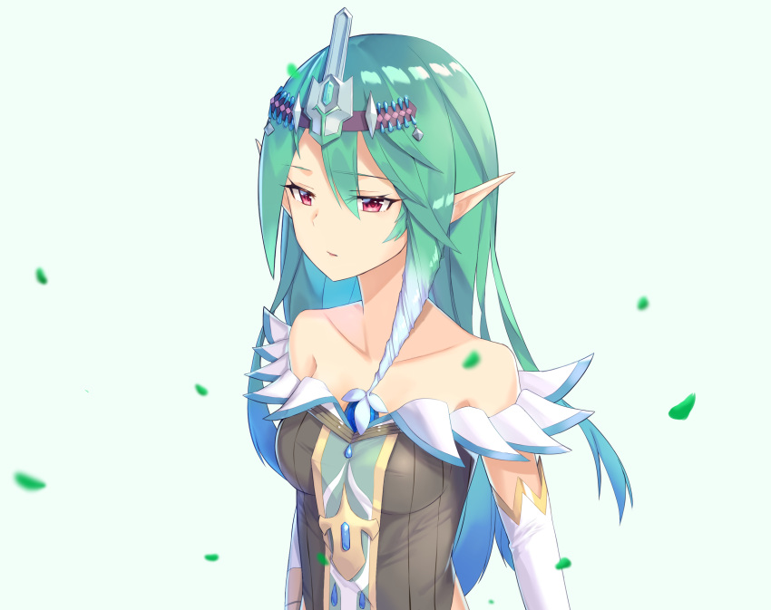 bare_shoulders blue_hair breasts brown_dress closed_mouth crusadia_arboria detached_sleeves diadem dress duel_monster female gradient_hair green_hair hair_between_eyes highres long_hair lordol medium_breasts multicolored_hair off-shoulder_dress off_shoulder pointy_ears red_eyes simple_background solo white_background yu-gi-oh!