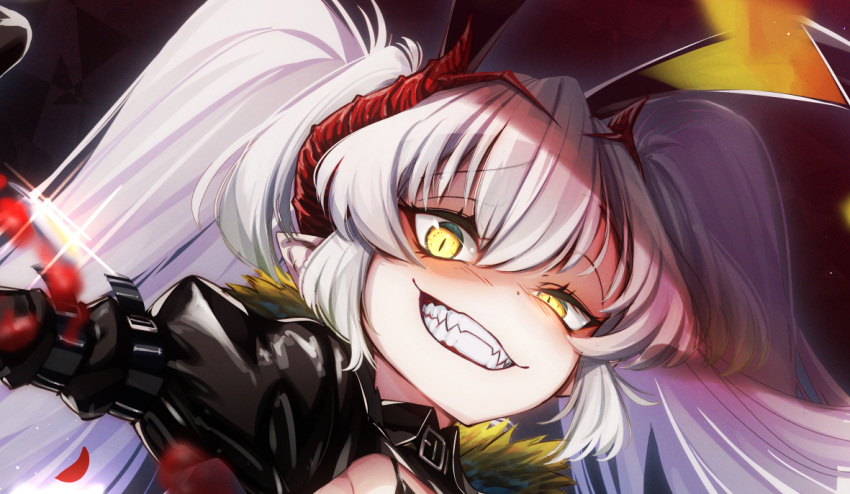 animal_ears barbatos_(dungeon_defense) blush cluseller commentary_request cropped dungeon_defense english_commentary fake_animal_ears female fur_collar grin half-closed_eye happy horns juliet_sleeves latex light_blush long_hair long_sleeves looking_at_viewer mixed-language_commentary pointy_ears portrait puffy_sleeves rabbit_ears raised_eyebrow sharp_teeth shiny_clothes sidelocks slit_pupils smile solo teeth twintails uneven_eyes white_hair yellow_eyes