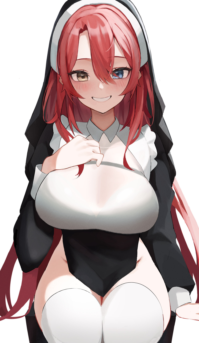 absurdres bare_hips black_dress blue_eyes breasts brown_eyes commission dress female grin habit hair_between_eyes hand_on_own_chest heterochromia highres indie_virtual_youtuber invisible_chair large_breasts long_hair long_sleeves looking_at_viewer mukana_meme nun pelvic_curtain red_hair riara_(vtuber) shirt simple_background sitting skeb_commission smile solo thighhighs very_long_hair virtual_youtuber white_background white_shirt white_thighhighs