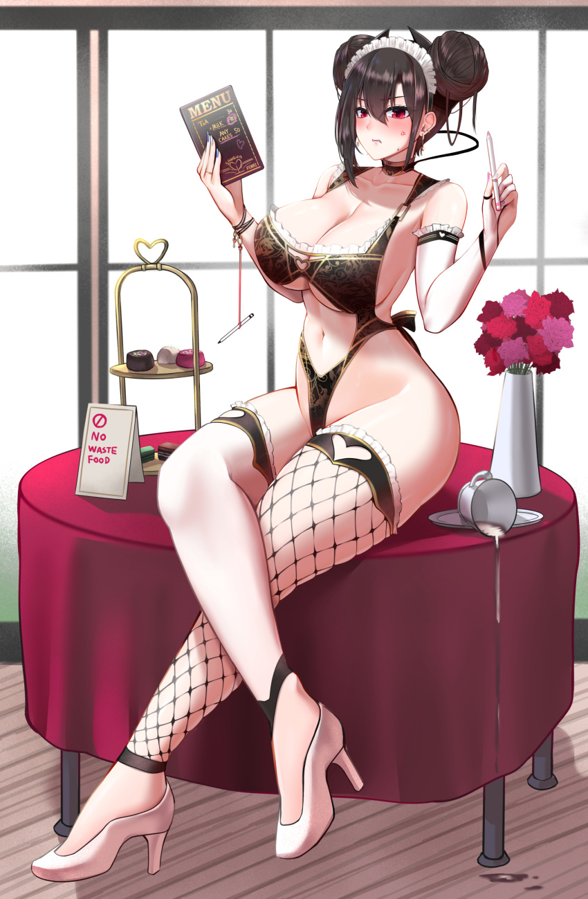 agent_(girls'_frontline) alternate_costume bare_shoulders black_hair black_leotard blue_nails breasts cleavage closed_mouth collarbone female fishnet_thighhighs fishnets flower full_body girls'_frontline high_heels highleg highleg_leotard highres holding holding_menu large_breasts leotard looking_at_viewer menu mismatched_thighhighs nail_polish navel paid_reward_available pink_nails popoman red_eyes sangvis_ferri solo spill table thighhighs thighs white_footwear white_thighhighs