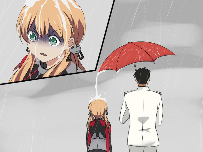 1boy :o admiral_(kancolle) anchor_hair_ornament blonde_hair brown_hair commentary_request duplicate female from_behind gekkan_shoujo_nozaki-kun gloom_(expression) green_eyes hair_ornament highres holding holding_umbrella kantai_collection md5_mismatch military military_uniform naval_uniform nozaki_umetarou open_mouth ozawa_ari parody pouring prinz_eugen_(kancolle) rain resolution_mismatch sakura_chiyo shaded_face shared_umbrella sion_(nakajima_shion) source_larger twintails umbrella uniform v-shaped_eyebrows voice_actor_connection wet you're_doing_it_wrong