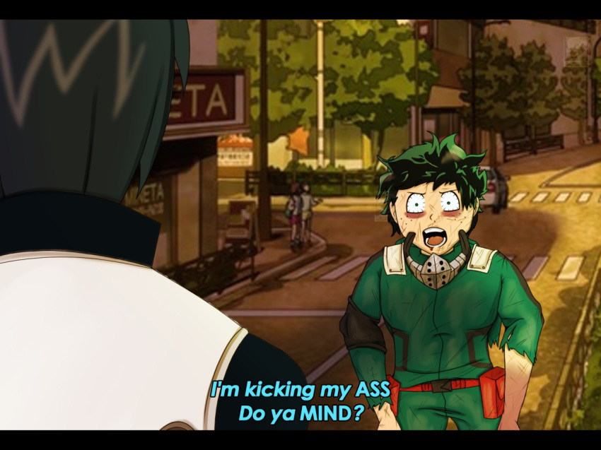 4:3 bruised clothing conditional_dnp fake_screenshot grinn3r human human_only izuku_midoriya jim_carrey liar_liar mammal my_hero_academia not_furry subtitled superhero tenya_iida text torn_clothing wounded