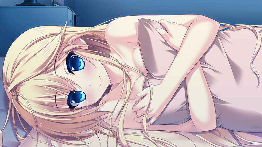 ameto_yuki bare_shoulders bed blonde_hair blue_eyes blush breast_press breasts female female game_cg highres konno_arisa large_breasts long_hair looking_at_viewer lying nude on_side pillow pillow_grab pure_x_connect smile solo