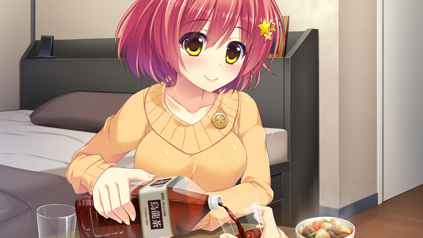 ameto_yuki bed blush bottle breasts collarbone cup doumyouji_moemi drink female food game_cg highres large_breasts looking_at_viewer pillow pure_x_connect red_hair short_hair sitting smile steam yellow_eyes