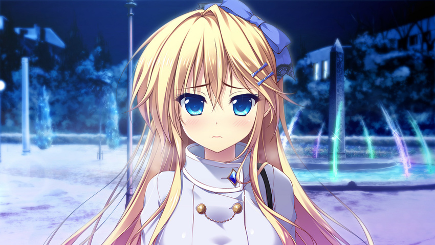 ameto_yuki blonde_hair blue_eyes blush coat fountain game_cg hair_ornament hair_ribbon hairclip highres konno_arisa long_hair looking_at_viewer night pure_x_connect ribbon sad sky solo standing tree trees upper_body water