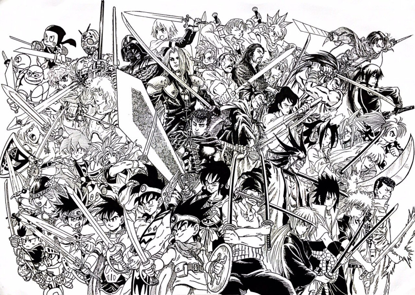 3girls 6+boys abel_(dq) amano_yoshitaka_(style) amidamaru animal_ears annotated armor arus_(dragon_quest) asakura_yoh atomic_samurai berserk bleach braid broken broken_sword broken_weapon cape cecil_harvey chrono_trigger circlet commentary crono_(chrono_trigger) crossover d.gray-man dai_(dragon_quest) darth_vader dog_ears dororo_(tezuka) dragon_ball dragon_ball_(classic) dragon_ball_z dragon_quest dragon_quest_dai_no_daibouken dragon_quest_iii dragon_quest_roto_no_monshou dragon_quest_v dragon_quest_yuusha_abel_densetsu dragonslayer_(sword) dual_wielding energy_sword eyepatch facial_hair final_fantasy final_fantasy_iv final_fantasy_vii fullmetal_alchemist gintama greatsword greyscale gundam guts_(berserk) haoumaru hattori_kanzou helmet hero's_son_(dq5) hero_(dq3) himura_kenshin holding holding_sword holding_weapon huge_weapon hyakkimaru_(dororo) ink_(medium) inuyasha inuyasha_(character) ishikawa_goemon_xiii kamen_rider kamen_rider_black_(series) kanda_yuu katana king_bradley kiteretsu_daihyakka knight_gundam korosuke kuwabara_kazuma lee_(dragon_garou) left-handed leonardo_(tmnt) levi_(shingeki_no_kyojin) lightsaber link long_hair lupin_iii magic_knight_rayearth mahou_shoujo_madoka_magica mahou_shoujo_madoka_magica_(anime) master_sword meliodas miki_sayaka miki_sayaka_(magical_girl) miyamoto_musashi_(vagabond) momotarou_(momotarou_densetsu) momotarou_densetsu monochrome moustache mouth_hold multiple_boys multiple_crossover multiple_girls muscular nanatsu_no_taizai naruto naruto_(series) ninja_hattori-kun one-punch_man one_eye_closed one_piece ootachi over_shoulder ponytail reverse_grip robot roronoa_zoro roto_(dq3) rurouni_kenshin saber_(weapon) sakata_gintoki samurai_spirits satan_saber sd_gundam sengoku_manjimaru sephiroth shadow_moon shaman_king sheath shidou_hikaru shield shingeki_no_kyojin slime_knight spiked_hair star_wars stubble sword sword_over_shoulder tapion teenage_mutant_ninja_turtles tengai_makyou tengai_makyou_ii tetsusaiga the_legend_of_zelda three-dimensional_maneuver_gear traditional_media triple_wielding trunks_(dragon_ball) trunks_(future)_(dragon_ball) turtle two-handed uchiha_sasuke unsheathing vagabond valkyrie_(vnd) valkyrie_no_densetsu weapon weapon_connection weapon_over_shoulder winged_helmet yamcha yu_yu_hakusho zaraki_kenpachi