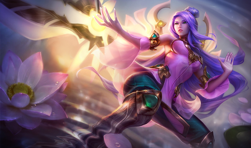 armpits blade boots cleavage_cutout clothing_cutout detached_sleeves female flower green_eyes irelia knee_boots league_of_legends long_hair lotus michelle_hoefener official_art order_of_the_lotus_irelia purple_hair solo very_long_hair