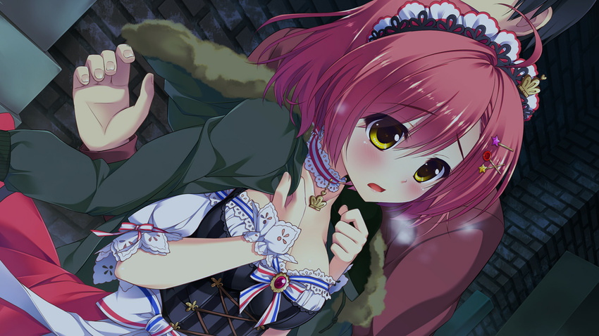 ameto_yuki blush breasts choker cleavage coat doumyouji_moemi dress female game_cg highres large_breasts looking_away maid_headdress open_mouth pure_x_connect red_hair short_hair skirt standing yellow_eyes