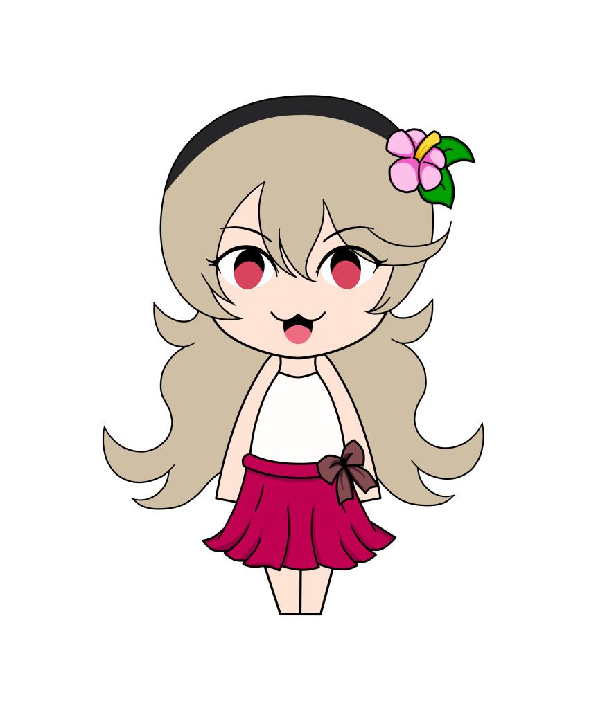 :3 :d absurdres chibi commentary corrin_(fire_emblem) english_commentary female fire_emblem fire_emblem_heroes flat_color full_body hair_ornament highres light_brown_hair long_hair looking_at_viewer open_mouth pink_eyes pink_skirt pleated_skirt rin-girl self-upload skirt smile solo summer transparent_background very_long_hair