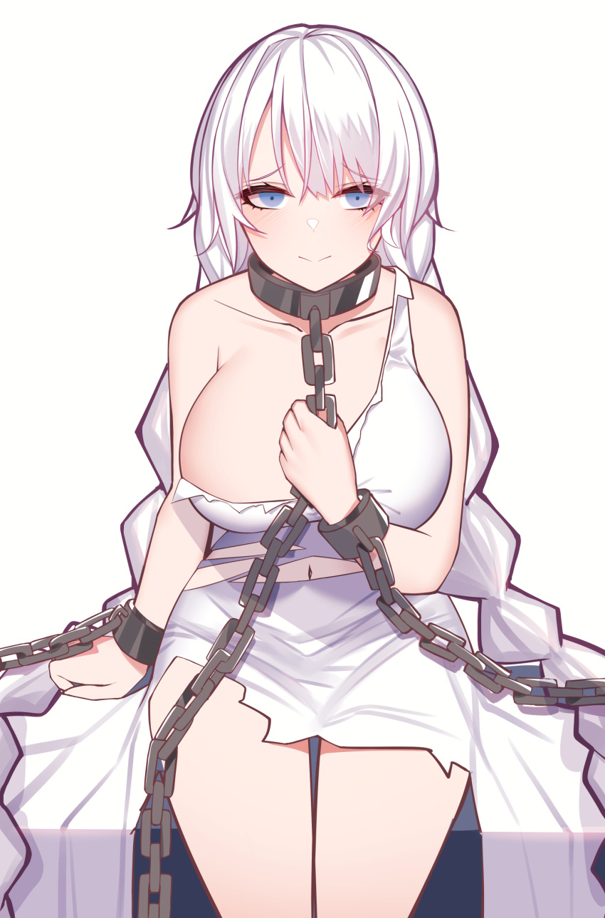 avrora_(azur_lane) avrora_(shackled_saule)_(azur_lane) azur_lane bare_shoulders blue_eyes blush bondage breasts chain_leash chains closed_mouth collar collarbone commentary cuffs dress dungeon female highres holding holding_chain large_breasts leash long_hair looking_at_viewer metal_collar navel official_alternate_costume revision shackles simple_background sitting siu_(siu0207) smile solo thighs torn_clothes torn_dress very_long_hair white_background white_dress white_hair