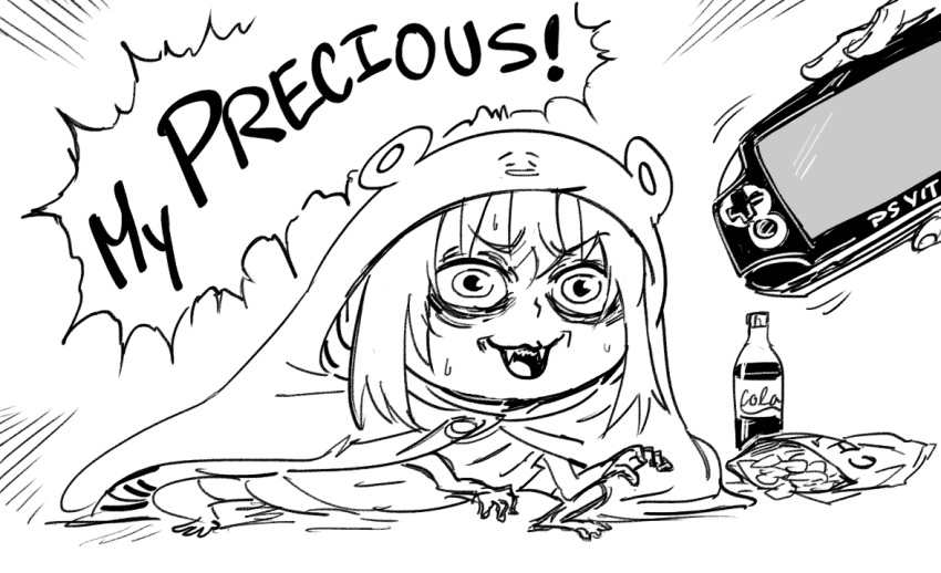 bad_id bags_under_eyes bb_(baalbuddy) catchphrase chips_(food) cola doma_umaru english_text female food gollum greyscale handheld_game_console himouto!_umaru-chan hood hood_up inactive_account komaru_(himouto!_umaru-chan) monochrome open_mouth parody playstation_vita potato_chips robe sharp_teeth solo_focus squatting sweatdrop teeth the_lord_of_the_rings tolkien's_legendarium wide-eyed