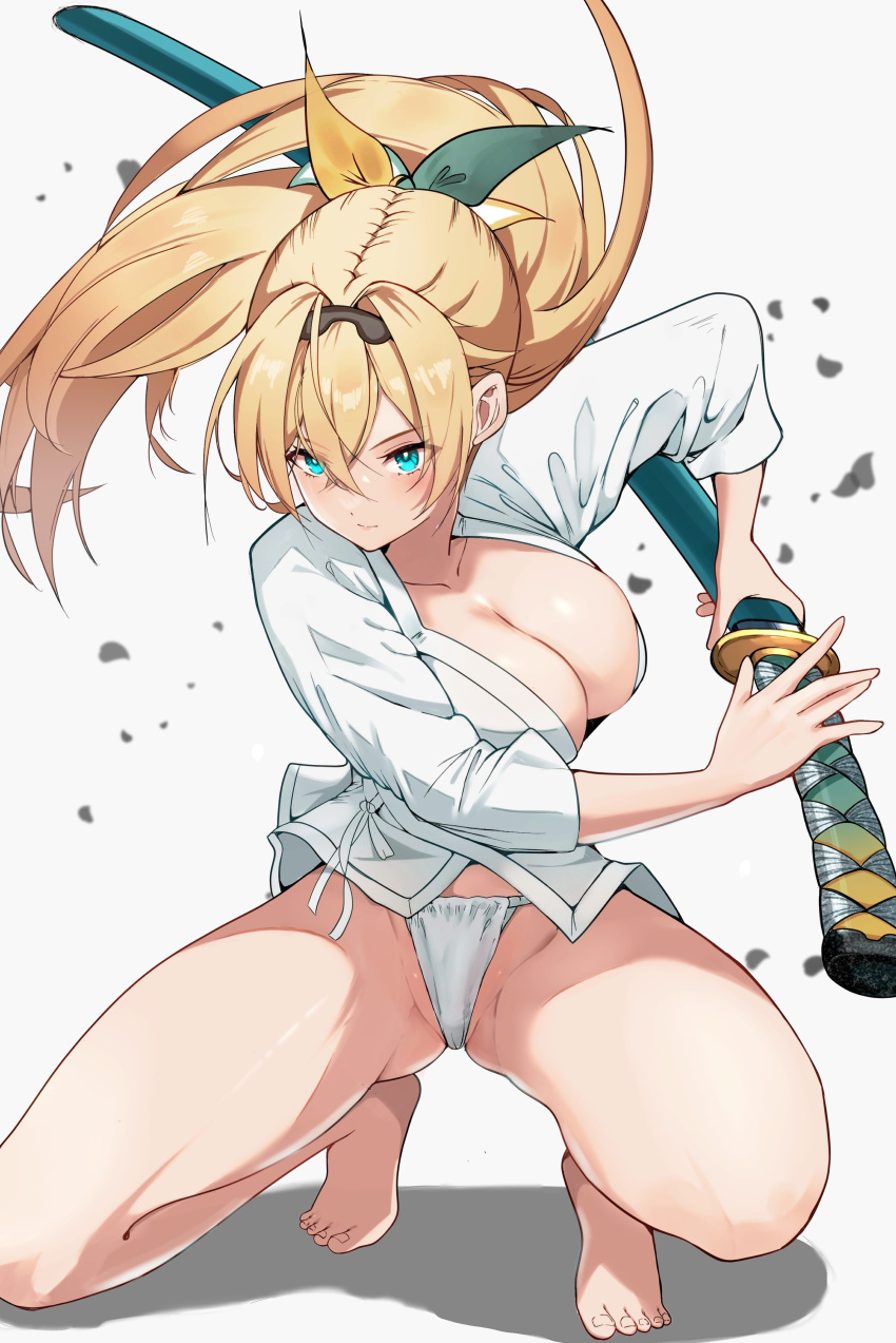 absurdres alternate_breast_size aqua_eyes barefoot blonde_hair blush breasts cleavage closed_mouth collarbone female fundoshi hair_between_eyes hairband highres holding holding_weapon hololive japanese_clothes kazama_iroha kazama_iroha_(1st_costume) large_breasts looking_at_viewer panties ponytail solo squatting tiptoes toenails toes tomo0843 underwear virtual_youtuber weapon white_background white_panties