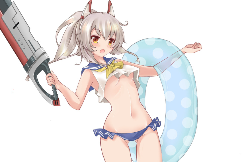 :o absurdres adapted_costume alternate_costume ayanami_(azur_lane) azur_lane bikini bikini_bottom_only breasts cleavage commentary_request female grey_hair hair_between_eyes headgear highres holding holding_sword holding_weapon innertube long_hair looking_at_viewer midriff mikuchi3939 navel orange_eyes ponytail school_uniform serafuku sidelocks simple_background solo swim_ring swimsuit sword underboob weapon white_background