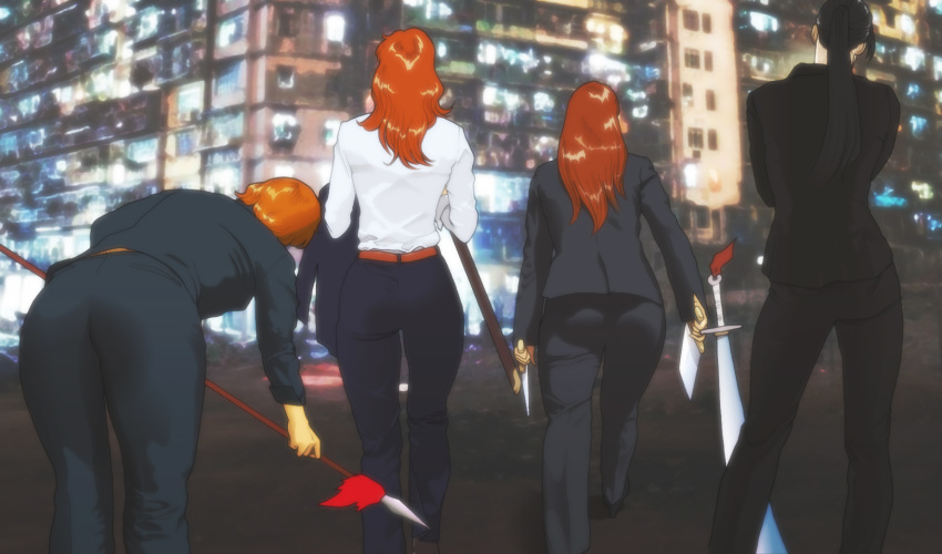 4girls ass black_hair commentary_request formal highres long_hair looking_away multiple_girls nappii_(nappy_happy) orange_hair original pant_suit pants photoshop_(medium) polearm ponytail red_hair short_hair spear suit sword weapon