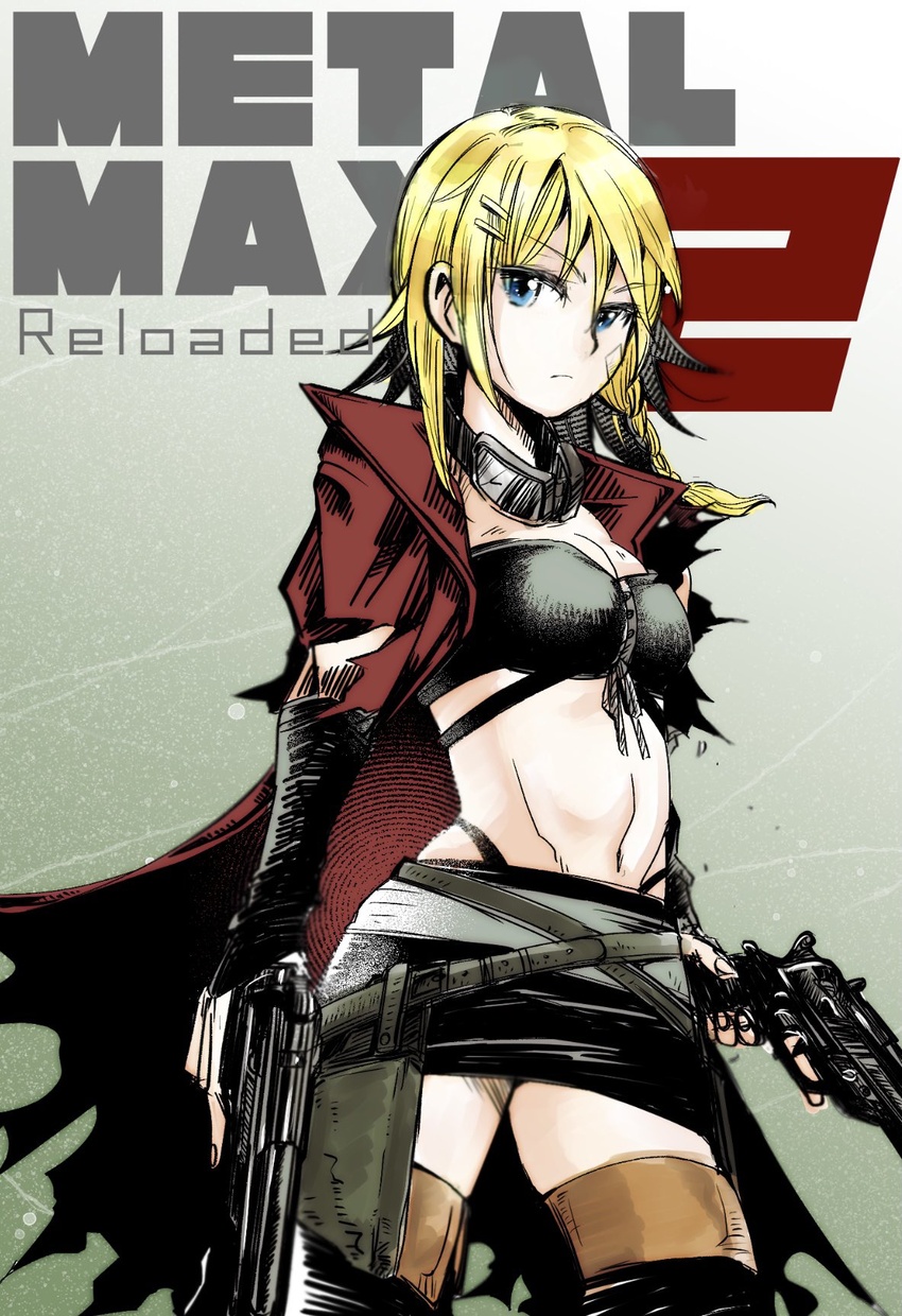 bandaid beretta_92 black_panties blonde_hair blue_eyes braid breasts cleavage closed_mouth female goggles gun hair_ornament hairclip handgun highleg highleg_panties highres looking_at_viewer metal_max metal_max_2_reloaded mirin_(gyochou) navel panties rena_(mm2r) single_braid solo underwear weapon