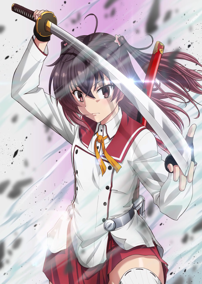 absurdres asakura_mihono black_gloves blouse brown_eyes brown_hair dust female fingerless_gloves glint gloves gradient_hair highres katana key_visual long_hair long_sleeves looking_at_viewer miniskirt minoseki_gakuin_uniform multicolored_hair neck_ribbon niitsuma_daisuke_(animator) official_art photoshop_(medium) pleated_skirt promotional_art red_skirt ribbon shirt skirt solo sword thighhighs toji_no_miko two_side_up unsheathed weapon white_shirt white_thighhighs wind yellow_ribbon