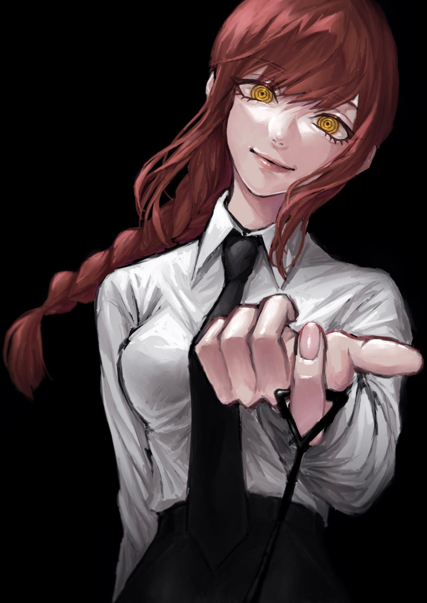 black_necktie braid braided_ponytail brown_hair business_suit cable chainsaw_man female fingernails formal head_tilt highres light_smile long_hair looking_at_viewer makima_(chainsaw_man) necktie pov pulling pulling_back ringed_eyes sheri_(slnhzdy) shirt_tucked_in smile solo suit yellow_eyes