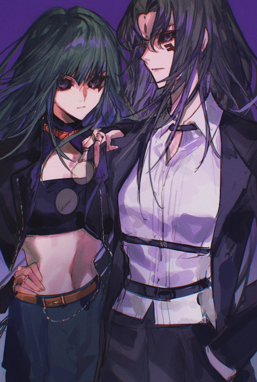 2girls absurdres alternate_costume belt black_hair black_jacket black_sclera carly_nagisa colored_sclera commentary crop_top cropped_jacket facial_mark glasses green_hair hand_in_pocket hand_on_another's_shoulder highres holding holding_removed_eyewear jacket long_hair looking_at_viewer midriff misty_lola multiple_girls naoki_(2rzmcaizerails6) navel purple_background round_eyewear shirt simple_background suit_jacket unworn_eyewear upper_body white_shirt yu-gi-oh! yu-gi-oh!_5d's