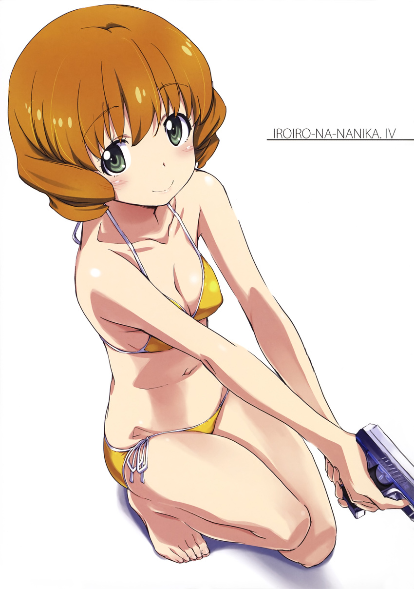 absurdres barefoot bikini breasts cleavage female gun handgun highres kurashima_tomoyasu looking_at_viewer mahouka_koukou_no_rettousei nakajou_azusa navel on_one_knee orange_hair shiny_skin side-tie_bikini_bottom small_breasts smile solo swimsuit weapon