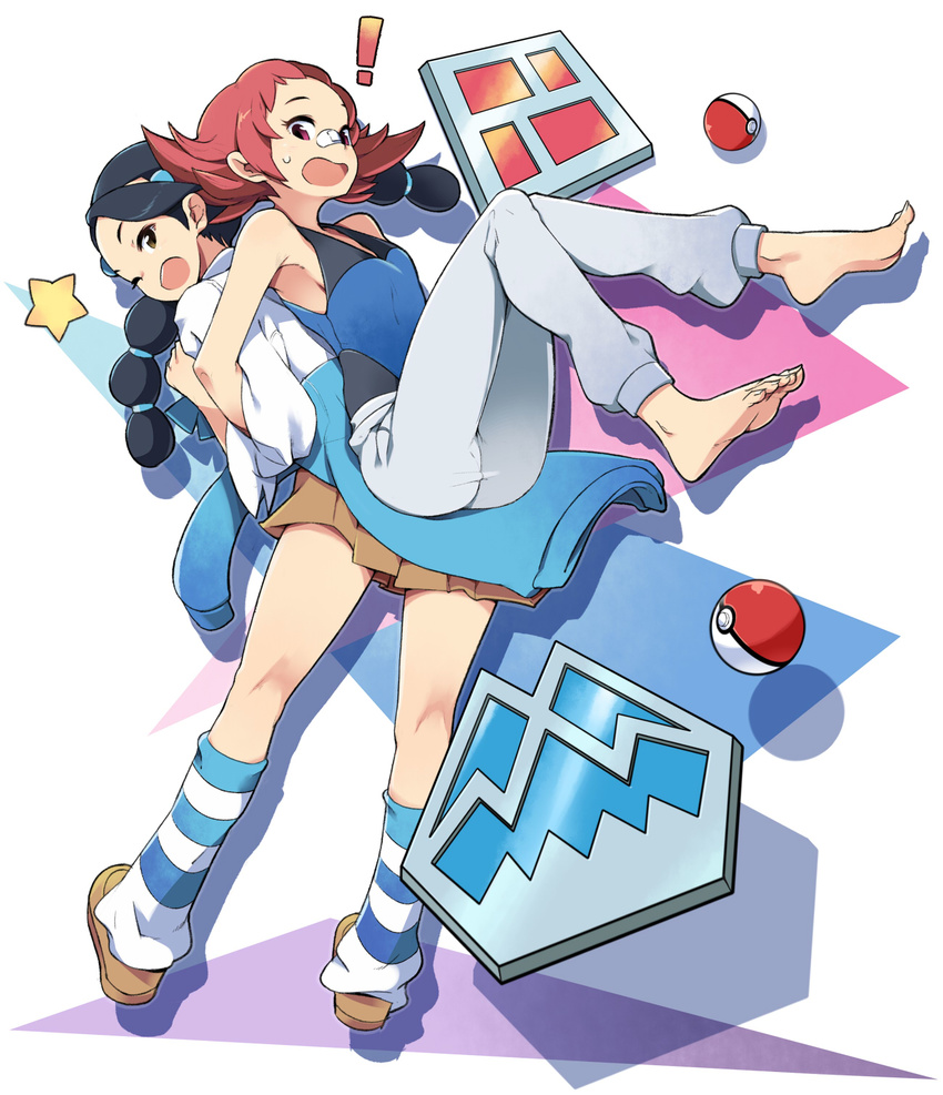 ! 2girls ;d back-to-back badge bandaid bandaid_on_face bandaid_on_nose bare_shoulders barefoot black_hair brown_eyes candice_(pokemon) clothes_around_waist cobble_badge commentary_request gym_leader_badge highres icicle_badge lifting_person locked_arms long_hair maylene_(pokemon) multi-tied_hair multiple_girls one_eye_closed open_mouth poke_ball poke_ball_(basic) pokemon pokemon_dppt purple_eyes red_hair short_hair skirt smile socks star_(symbol) striped_clothes striped_socks sweatdrop sweater sweater_around_waist tm_(hanamakisan) twintails