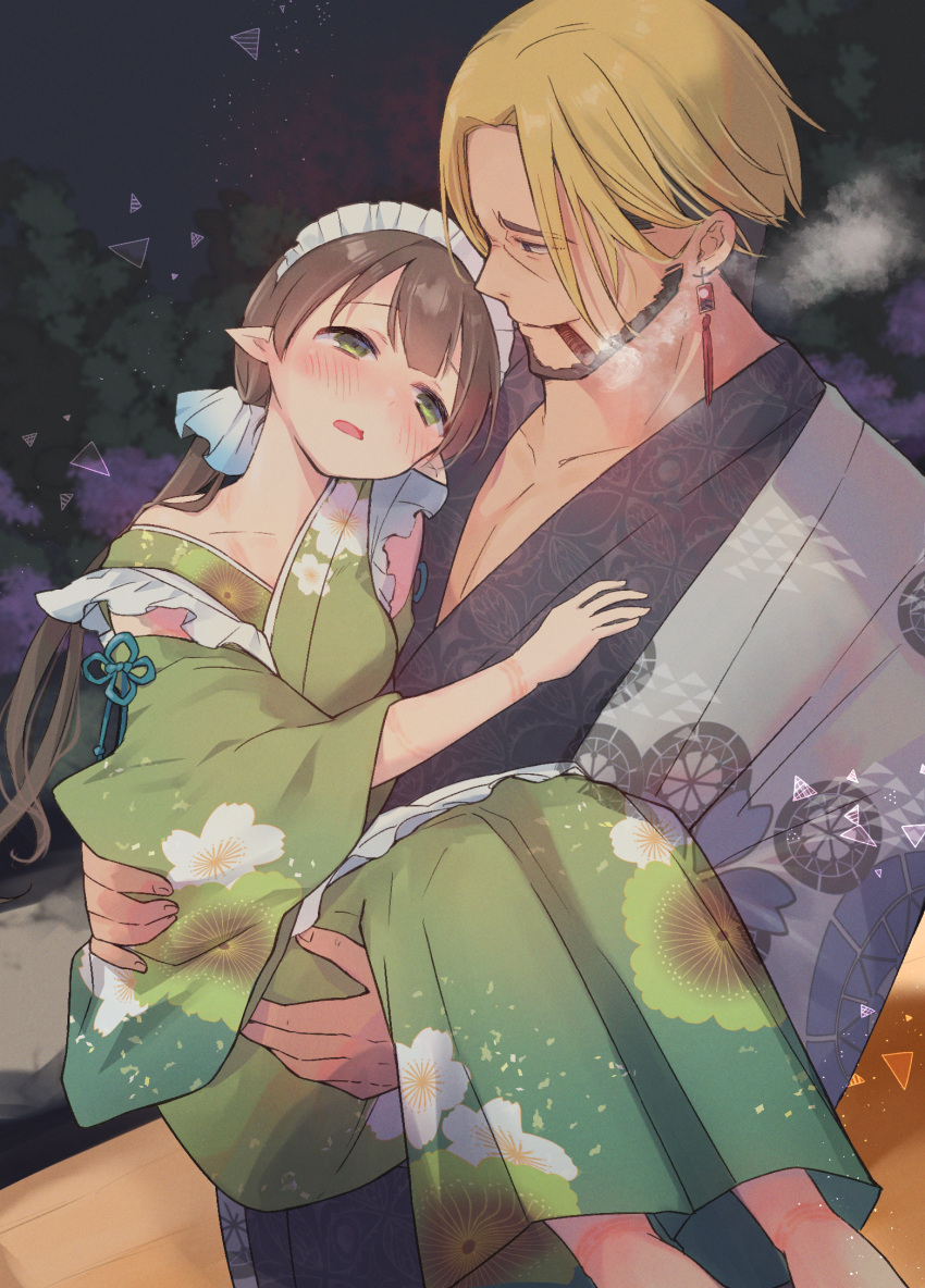 1boy ayumi_(princess_connect!) beard blonde_hair blush brown_hair carrying cigar clothing_cutout collarbone commentary_request couple earrings facial_hair female floral_print green_eyes green_kimono grey_kimono gucchiann hand_on_another's_chest highres japanese_clothes jewelry kimono long_hair looking_at_another maid_headdress off_shoulder open_mouth princess_carry princess_connect! short_hair shoulder_cutout size_difference straight twintails wavy_mouth