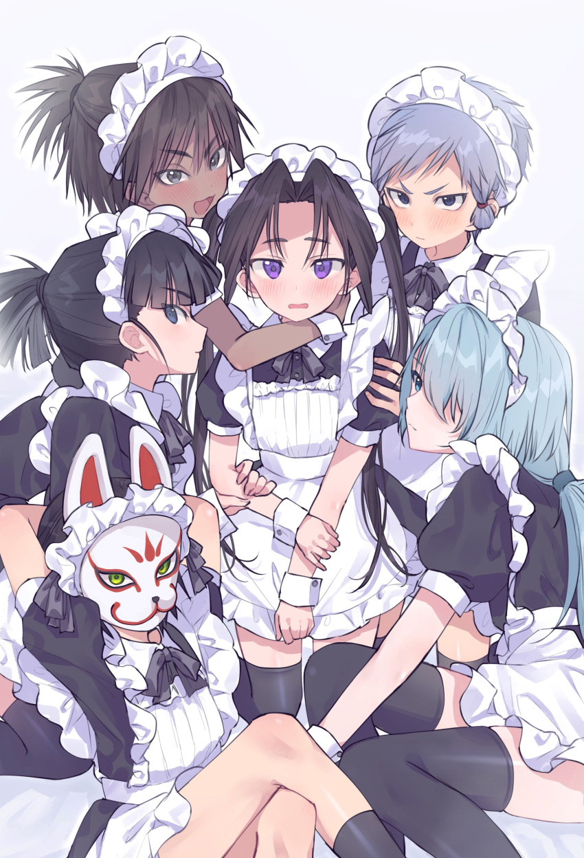 absurdres animal_ears apron black_hair blue_eyes blue_hair blush dark-skinned_male dark_skin dress facial_mark forehead_mark fox_ears frilled_apron frills fubuki_(nige_jouzu_no_wakagimi) grey_hair hair_over_one_eye highres houjou_tokiyuki_(nige_jouzu_no_wakagimi) kazama_genba light_blue_hair long_hair looking_at_viewer low_ponytail maid maid_apron maid_headdress multiple_boys nezu_kojirou nige_jouzu_no_wakagimi open_mouth oshioganen otoko_no_ko ponytail purple_eyes ribbon short_hair sitting thighhighs very_long_hair white_apron white_background