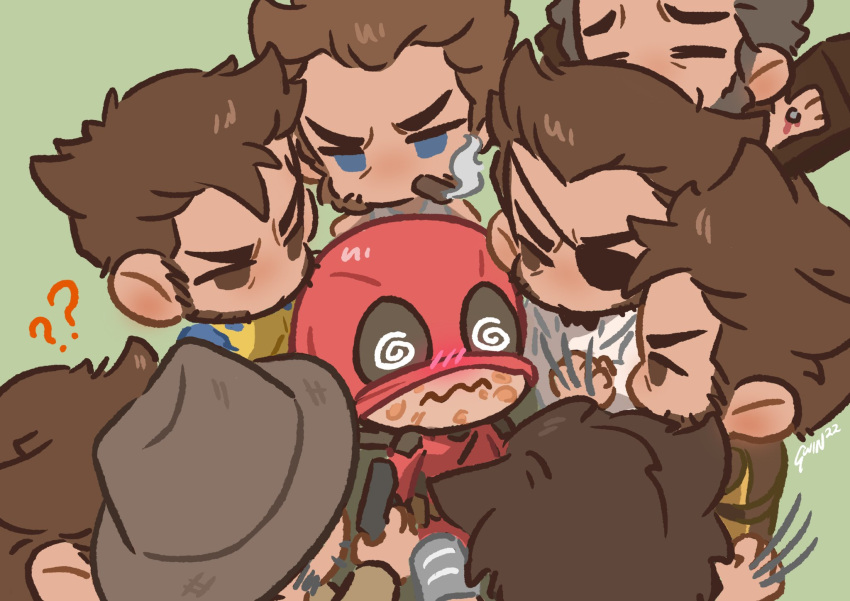 6+boys :3 ? ?? @_@ beard blue_eyes blush bodysuit brown_eyes brown_hair cavillrine chibi chibi_only cigar claw_(weapon) closed_mouth couple cowboy_hat crucifixion deadpool deadpool_&_wolverine deadpool_(series) english_commentary eyepatch facial_hair flustered gloves gun gwindows22 hat highres holding holding_gun holding_weapon looking_at_another male_focus male_harem marvel marvel_cinematic_universe mask mask_lift meme multiple_boys multiple_persona red_bodysuit scar short_hair simple_background single_hand smoke smoking sonic_surrounded_by_amy_plush_dolls_(meme) suit superhero_costume surrounded two-tone_bodysuit wavy_mouth weapon wolverine_(x-men) x-men yaoi yellow_bodysuit