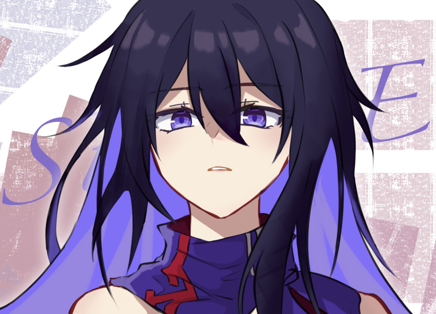 bare_shoulders black_hair colored_inner_hair faber_fubei female hair_between_eyes highres honkai:_star_rail honkai_(series) long_hair multicolored_hair parted_lips portrait purple_eyes purple_hair purple_scarf scarf seele_(honkai:_star_rail) solo very_long_hair