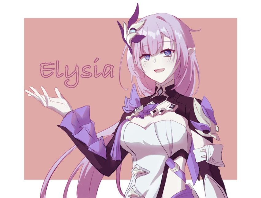 :d blue_eyes breasts character_name chinese_commentary cleavage commentary_request elysia_(honkai_impact) elysia_(miss_pink_elf)_(honkai_impact) faber_fubei female hair_ornament hand_up honkai_(series) honkai_impact_3rd large_breasts long_hair long_sleeves open_mouth pink_hair pointy_ears shirt shrug_(clothing) smile solo strapless strapless_shirt upper_body very_long_hair white_shirt