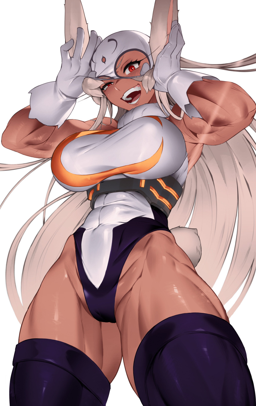 :d absurdres adjusting_mask animal_ears arms_up bare_shoulders blush boku_no_hero_academia breasts colorized covered_abs covered_navel crescent_print dark-skinned_female dark_skin english_commentary everthine female finger_under_clothes from_below fur_collar gloves highleg highleg_leotard highres kopam large_breasts leotard long_eyelashes long_hair looking_at_viewer mask mirko muscular muscular_female open_mouth purple_thighhighs rabbit_ears rabbit_girl rabbit_tail red_eyes second-party_source simple_background sleeveless_turtleneck_leotard smile solo tail taut_leotard teeth thick_thighs thighhighs thighs toned underbust uneven_eyes very_long_hair white_background white_gloves white_hair white_leotard white_mask