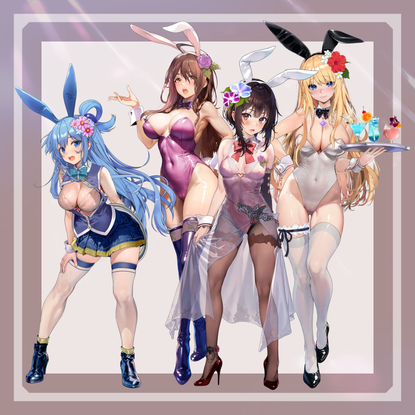 4girls absurdres ahoge alternate_costume animal_ears anklet aqua_(konosuba) ass_visible_through_thighs ayase_shichikai bare_shoulders black_bow black_bowtie black_footwear black_hair black_sleeves blonde_hair blue_eyes blue_footwear blue_hair blue_leotard blue_skirt blush boots border bow bowtie bra breastless_clothes breastless_leotard breasts breasts_apart brown_hair brown_pantyhose cameltoe candy chocolate cleavage closed_mouth collar condom condom_wrapper covered_navel covered_nipples cup darkness_(konosuba) detached_collar dress drinking_glass fake_animal_ears fake_tail flower food full_body groin hair_between_eyes hair_flower hair_ornament hand_on_own_thigh hands_up heart heart-shaped_chocolate heart-shaped_food high_heel_boots high_heels highleg highleg_leotard highres holding holding_tray jewelry kono_subarashii_sekai_ni_shukufuku_wo! lace-trimmed_sleeves lace-trimmed_thighhighs lace_trim large_breasts leaning_forward legs_apart leotard leotard_under_clothes long_hair looking_at_viewer megumin multiple_girls necklace nipples open_clothes open_mouth open_shirt outside_border pantyhose playboy_bunny pleated_skirt purple_bow purple_bowtie rabbit_ears rabbit_tail reaching reaching_towards_viewer red_bow red_bowtie red_eyes red_footwear red_leotard see-through see-through_dress see-through_leotard shoes short_hair_with_long_locks side_slit single_hair_ring single_sleeve skirt sleeveless sleeveless_dress small_breasts smile standing strapless strapless_leotard tail thigh_boots thigh_strap thighhighs thighhighs_over_pantyhose thighhighs_under_boots thighs tongue tongue_out traditional_bowtie tray underwear white_collar white_dress white_leotard white_thighhighs white_wrist_cuffs wiz_(konosuba) wrist_cuffs x_hair_ornament yellow_eyes