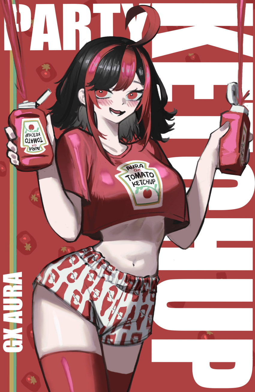 absurdres ahoge black_hair bottle character_name collarbone crop_top female gx_aura highres holding holding_bottle huge_ahoge ketchup ketchup_bottle medium_hair midriff multicolored_hair opera_gx parody pungson_mori red_eyes red_hair red_shirt red_thighhighs shirt short_shorts shorts standing streaked_hair thighhighs tomato white_shorts